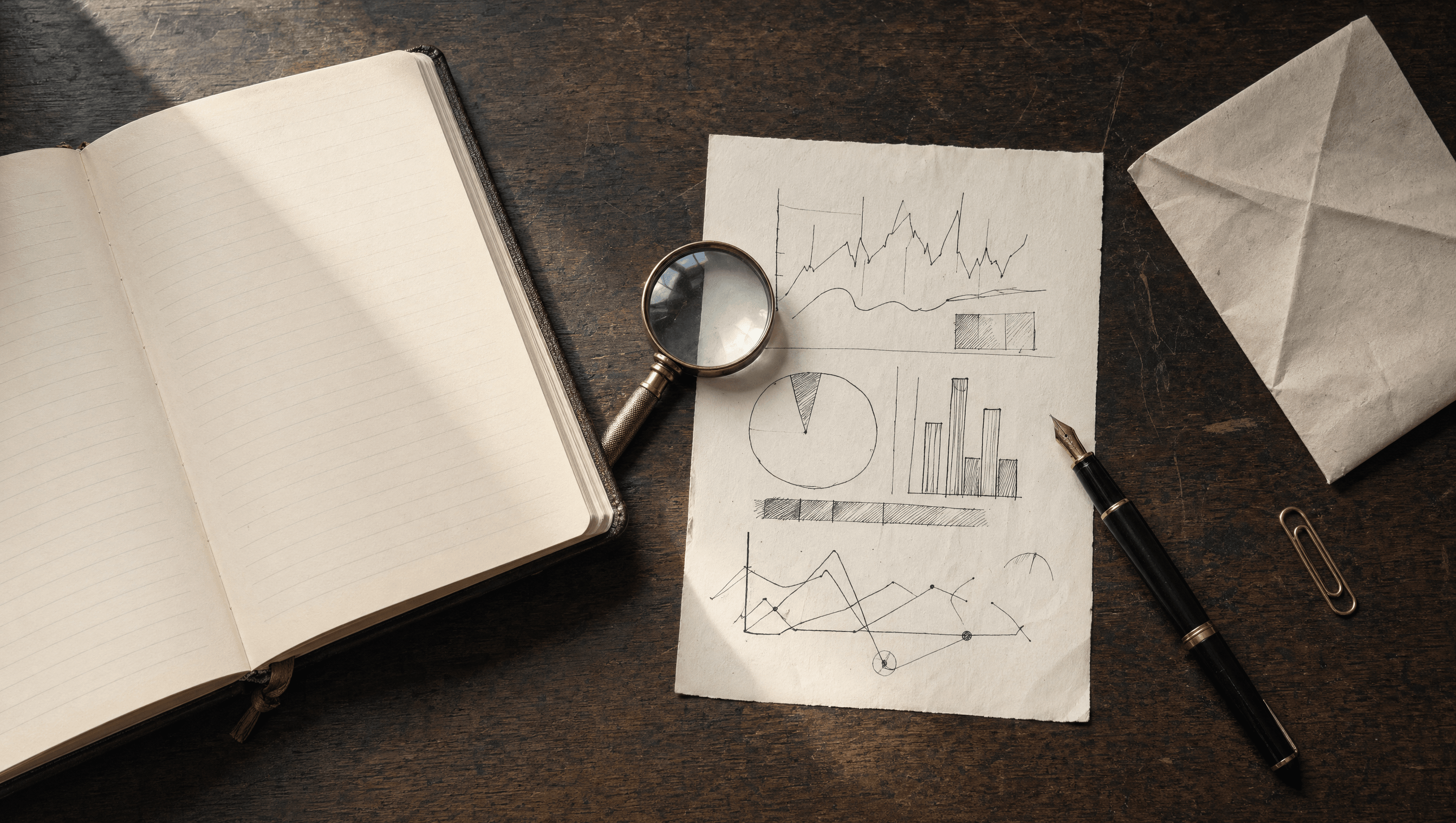An editorial research desk: open notebook, brass-rimmed magnifier, fountain pen, hand-drawn ink chart shapes — primary research, not churn-content.