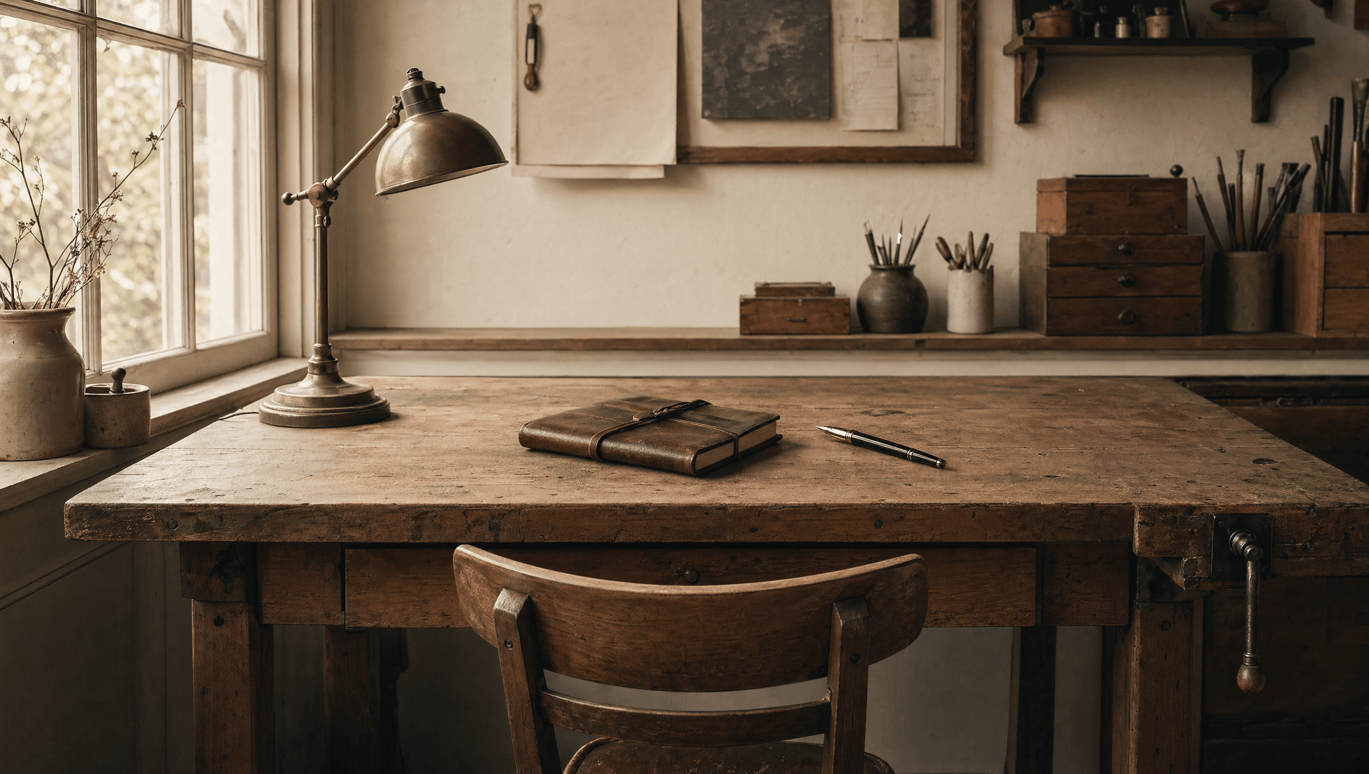 An empty workshop bench at first light — leather notebook, brass desk lamp, fountain pen, single empty chair. The seat that isn't open yet.