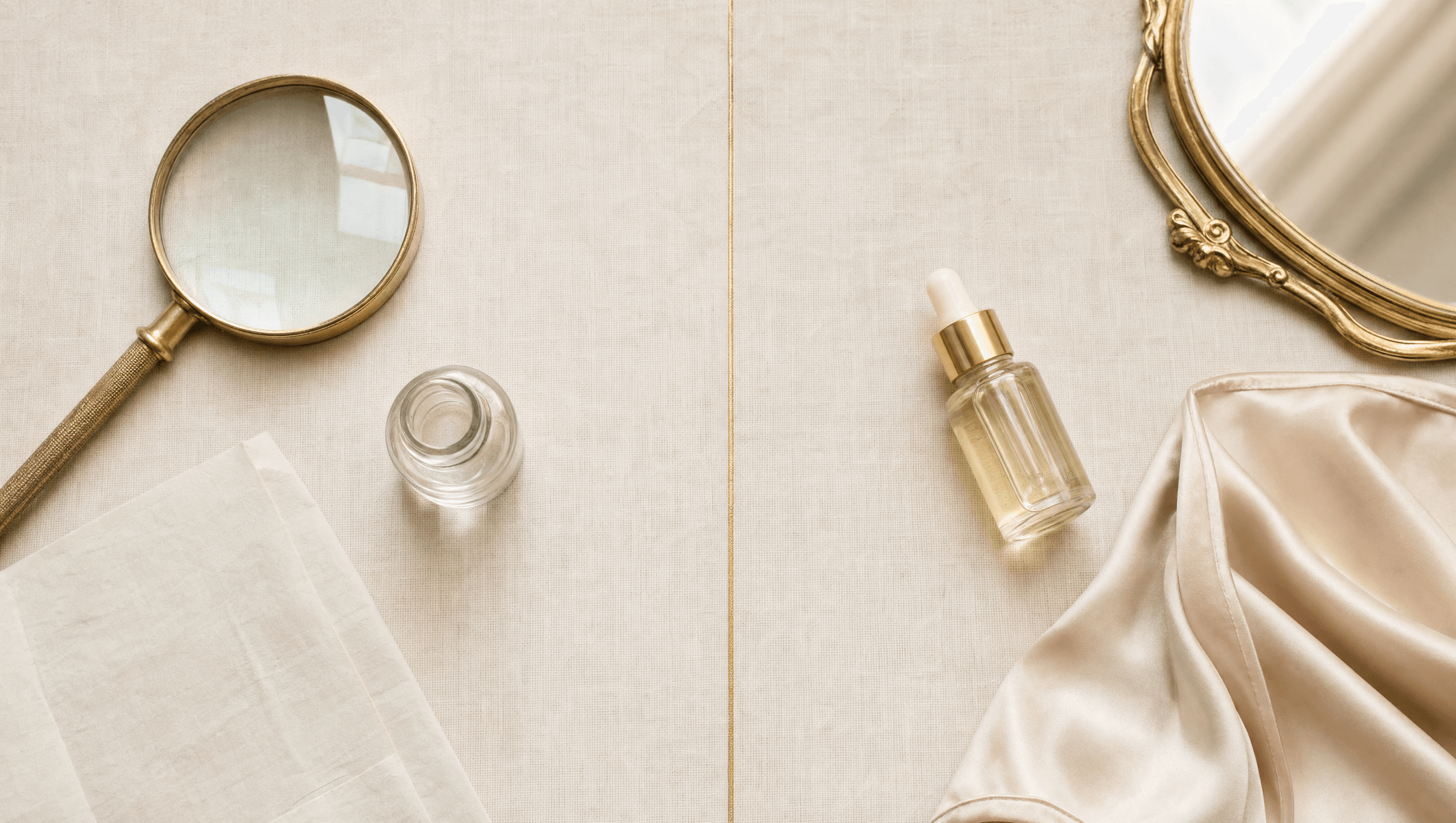 Cream linen split by a fine gold rule — medical objects on one side, cosmetic objects on the other. Two specialties, two funnels.