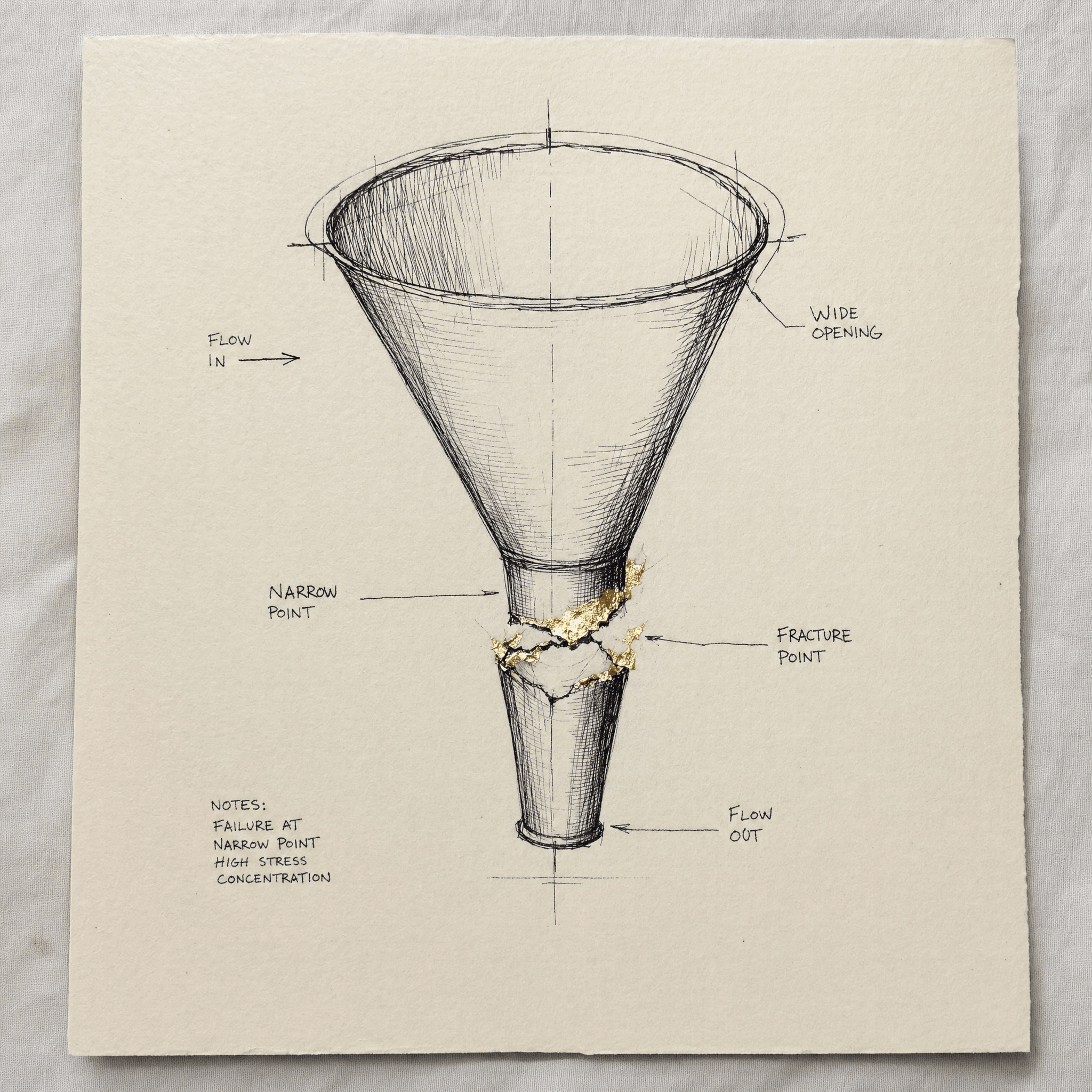 A hand-drawn funnel diagram on cream paper, the narrow middle annotated with a fracture point in gold leaf — the gap the AI front desk is built to cover.