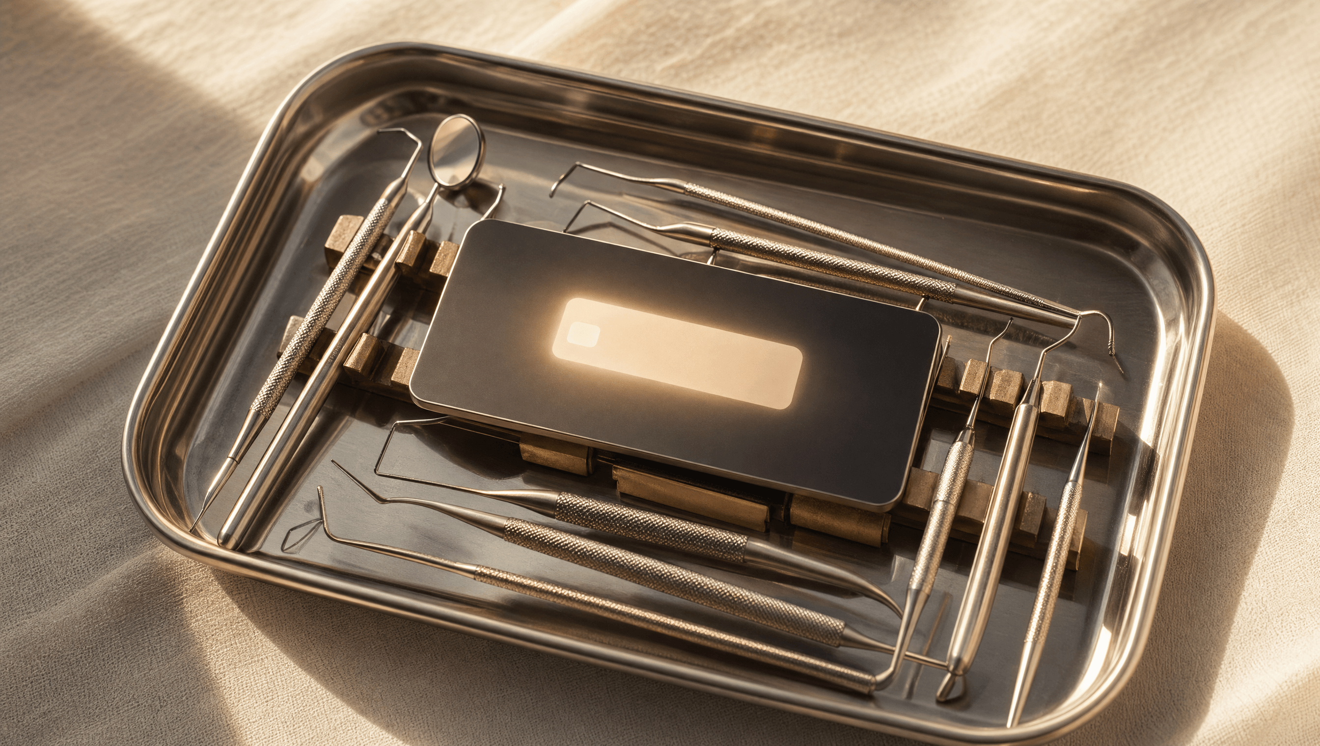 A dental hygienist's stainless tray in brass holders on cream linen, a glowing message-preview card laid across — the after-hours inquiry.