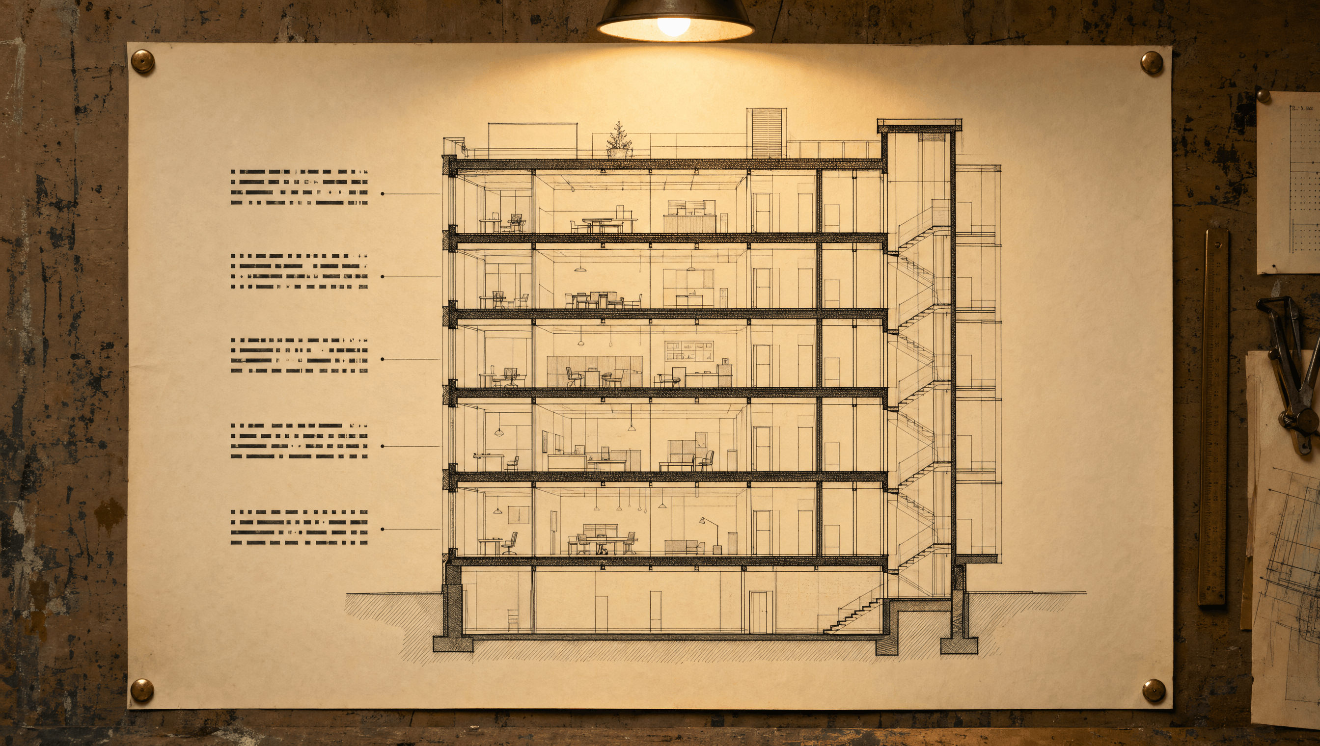 A five-layer cross-section diagram in ink on cream blueprint paper, pinned with brass push-pins.